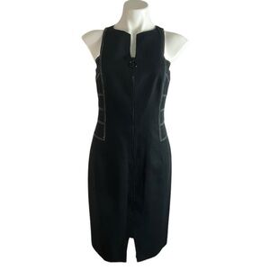 David Meister Linen Blend Black Zip Front Sheath Dress